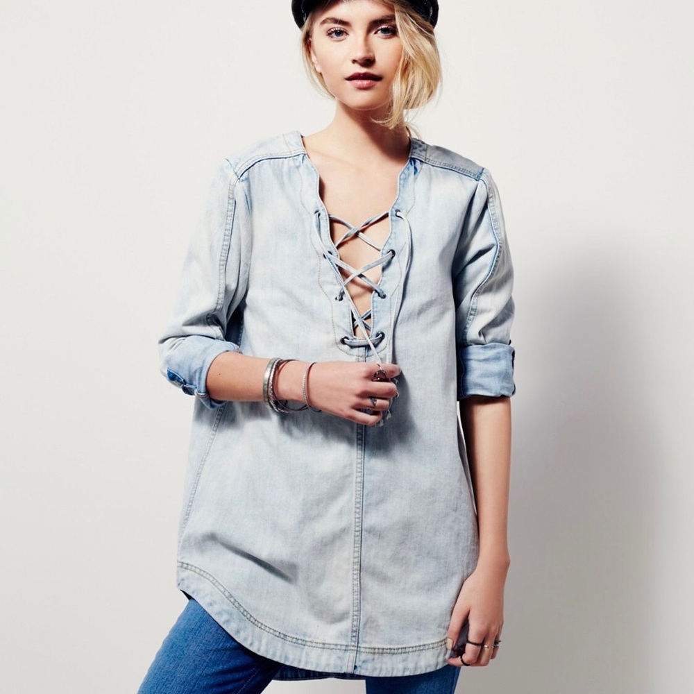 Free People Indigo Lace Up Denim Tunic Top L Shirt Distressed Faded Casual Boho